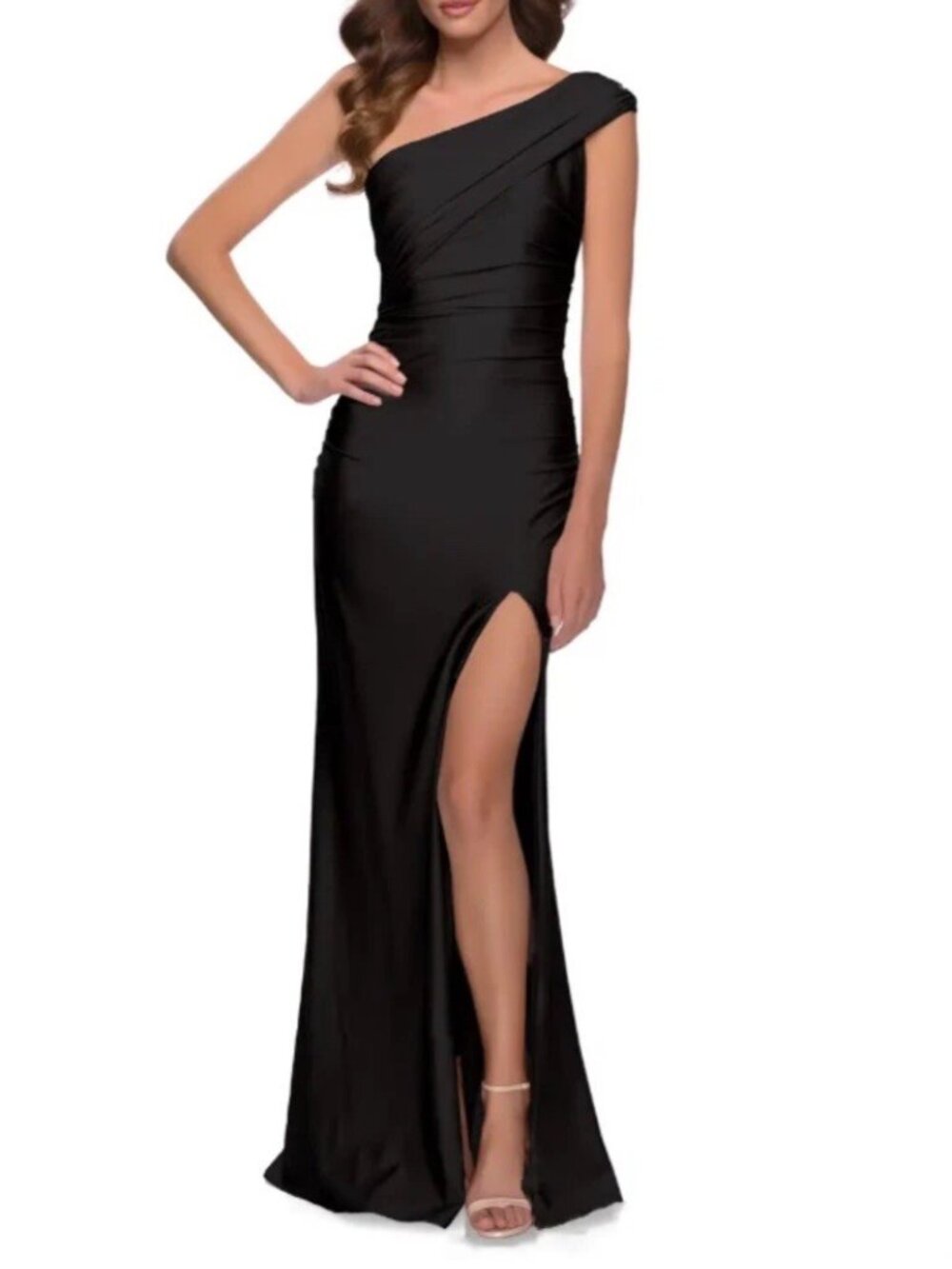 LA FEMME Size 12 ONE SHOULDER JERSEY BLACK Formal GOWN DRESS Maxi Cocktail Slit￼
